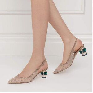 Nude Pointed Toe Slingback Pumps Chunky Low Heel Rhinestone Sandals Crystal Shoe